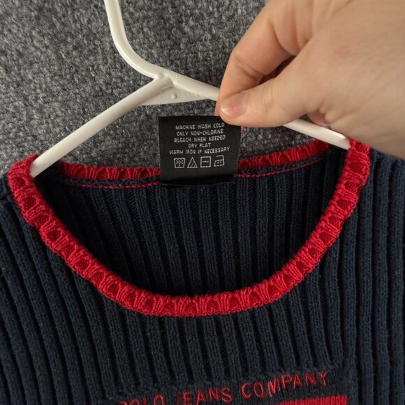 Polo Jeans Ralph Lauren Women Flag Sweater Rib Knit Large Short Sleeve Blue Red - Picture 11 of 13